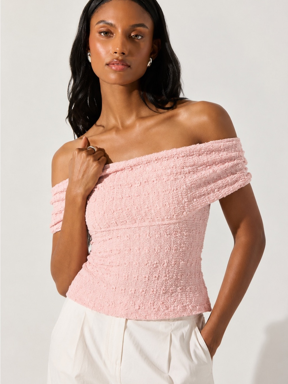 Astr The Label Pink Off-the-Shoulder Textured Knit Top NWT